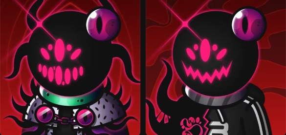The image shows two dark, demonic-looking NFT characters with glowing pink eyes and jagged toothy smiles, one wearing a spiked collar and the other in a striped outfit. They represent the "VOVs" and "MAWs" (shadowy/demonic variants) from the Space Riders XYZ collection, visually matching the collector's boast of now owning 40 VOVs, half of which are the rarer MAWs.