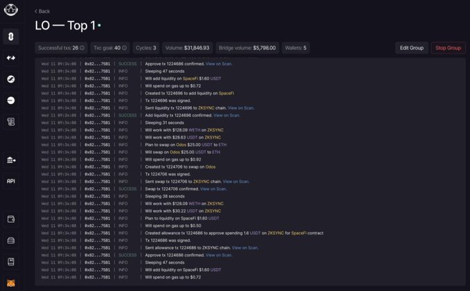 A dark-themed dashboard interface labeled 'LQ — Top 10' showing cryptocurrency trading logs with details on successful txs, trading volume, bridge volume, and wallet activities.