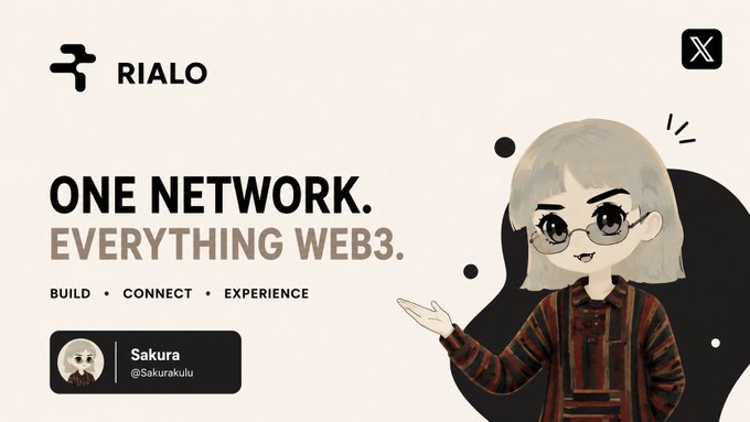 An advertisement for 'RIALO' featuring an anime-style character with glasses, with the text 'ONE NETWORK. EVERYTHING WEB3. BUILD • CONNECT • EXPERIENCE' and a card showing 'Sakura @Sakurakulu'.