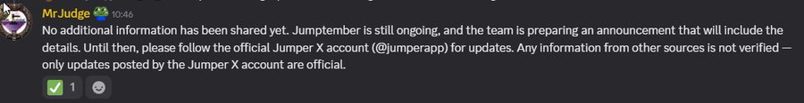 A Discord message from 'Mr Judge' announces that no additional information has been shared yet regarding Jumptember, directing users to follow @jumperapp for official updates.