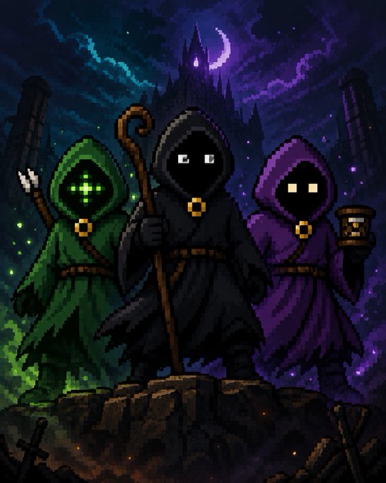 Pixel art depicting three hooded, faceless figures in green, black, and purple robes holding staffs, standing before a dark castle under a night sky.
