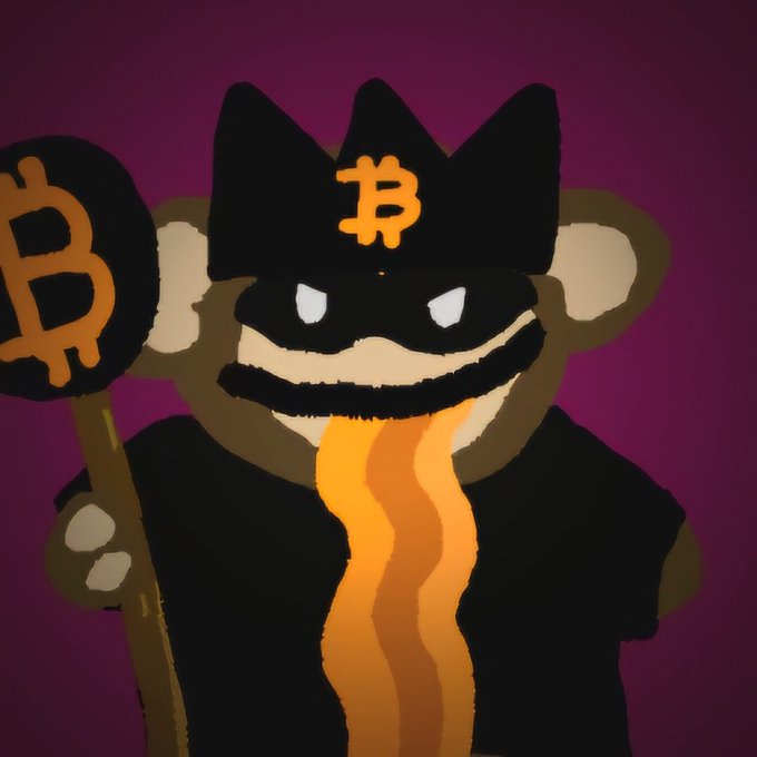 A digital drawing shows a mischievous monkey in a black bandit-style hat featuring the orange Bitcoin "₿" symbol, wielding a staff topped with another Bitcoin logo, with flames bursting from its mouth against a dark purple background—perfectly matching the post's enthusiastic "Let the crypto bull market commence" message as a new profile pic embracing bullish Bitcoin energy.