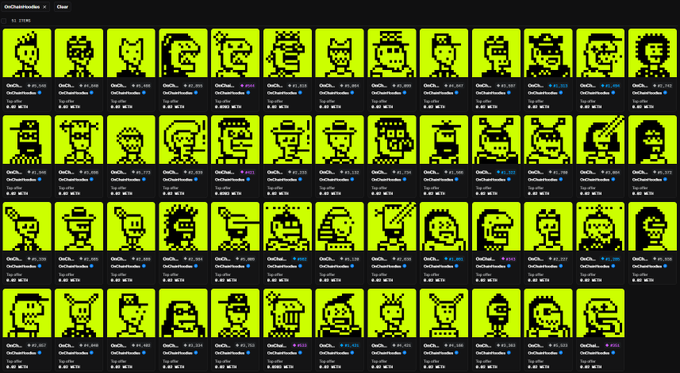 A grid of pixel-art NFT-style character thumbnails with neon yellow-green backgrounds, labeled 'OnChainNodes' at the top.