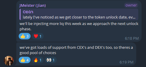 A Discord chat screenshot from user JMeister (Jian) discussing token unlocks and liquidity injection, mentioning support from CEX's and DEX's, with reactions shown at 6:18 PM and 6:19 PM.