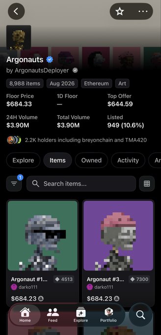 A mobile screenshot displays an NFT collection page for 'Argonauts' by ArgonautsDeployer on Ethereum, showing stats like a $684.33 floor price and pixel art character items priced in ETH.