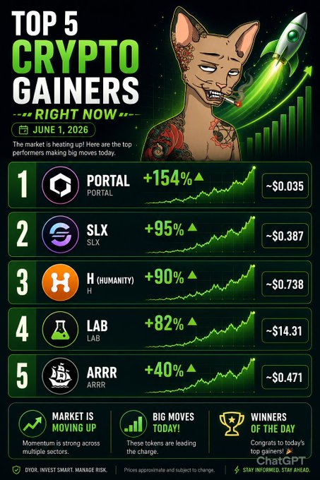The image features a graphic or poster that talks about Top 5 Crypto Gainer's and shares information about these crypto gains, such as their names and chart positions. The title of this post reads "Top 5 Crypto Gainers", with each term related to the top gainers displayed in white text on green background. The first word is "Portal" that stands for Portfolio, and the second word is "Slx" referring to Sslx, both being among the crypto gains in the charts. Moreover, a rocket is placed above the portfolio cryptocurrency symbol. The overall theme of this poster or graphic can be best described as a reference guide or chart displaying the top gains in crypto exchanges over time.