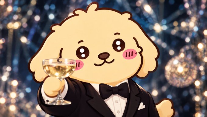 A cartoon illustration of a cute fluffy dog in a tuxedo holding a glass of champagne against a sparkly bokeh background.