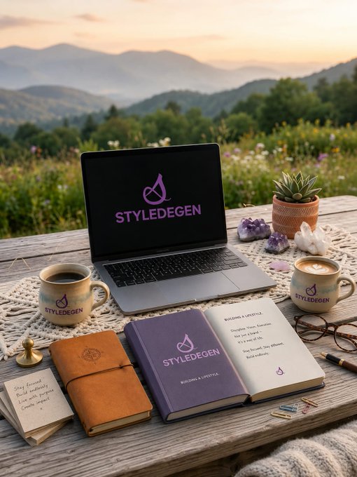 A lifestyle product photo featuring a 'STYLEDEGEN' branded laptop, notebooks, mugs, and accessories arranged on a wooden table against a scenic mountain and wildflower backdrop.