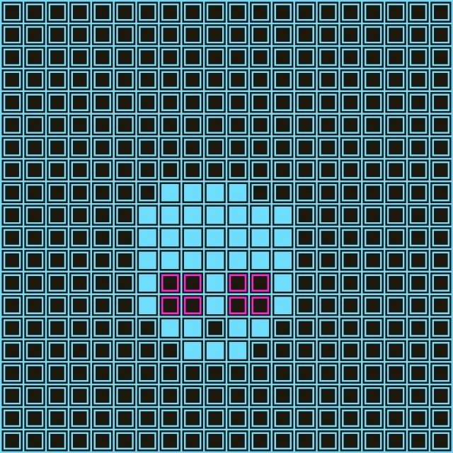 A pixel art image featuring a large light blue shape resembling a character or ghost with two small pink squares as eyes, set against a background of dark squares with light blue borders.