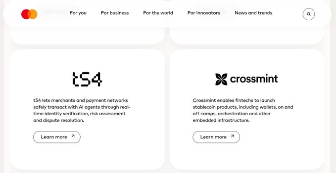 The image shows a Mastercard webpage featuring two partner companies: **tS4**, which helps merchants and payment networks safely transact with AI agents through real-time identity verification, risk assessment, and dispute resolution, and **Crossmint**, which enables fintechs to launch stablecoin products including wallets and on/off-ramps. The "Projects doing real things on XRP" caption highlights how these featured companies represent practical, real-world applications being built on the XRP ecosystem, with both projects showcasing tangible use cases in payments and digital asset infrastructure.