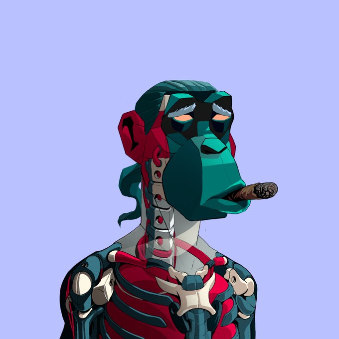 A robotic/cyborg ape character with green and red mechanical features, wearing dark sunglasses and smoking a cigar against a light purple background.