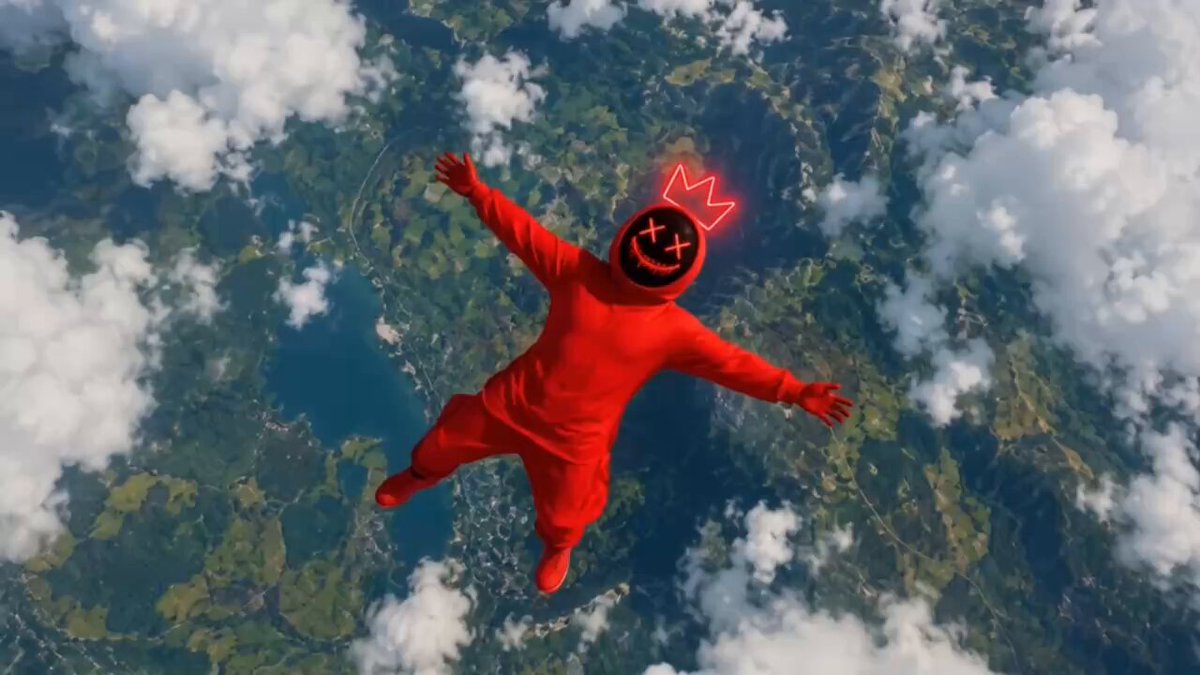 urn of a red suit-wearing figure with arms outstretched, holding a crown and surrounded by clouds against a blue sky.