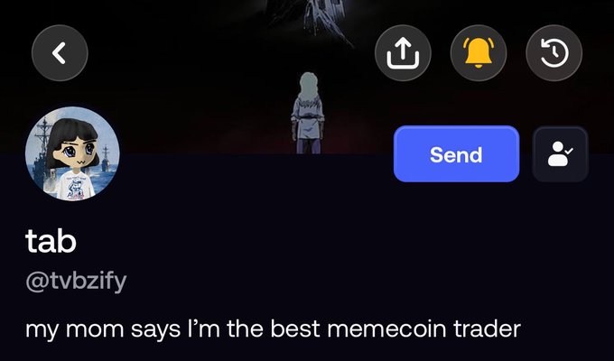 A social media profile screenshot for 'tab' (@tvbzify) featuring an anime avatar and the text 'my mom says I'm the best memecoin trader'.
