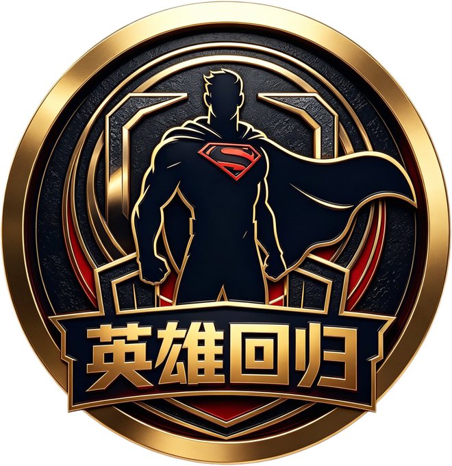 A circular gold and black emblem featuring a Superman-style superhero silhouette with a red cape and 'S' logo, with Chinese text '英雄回归' (Hero Returns) on a banner below.