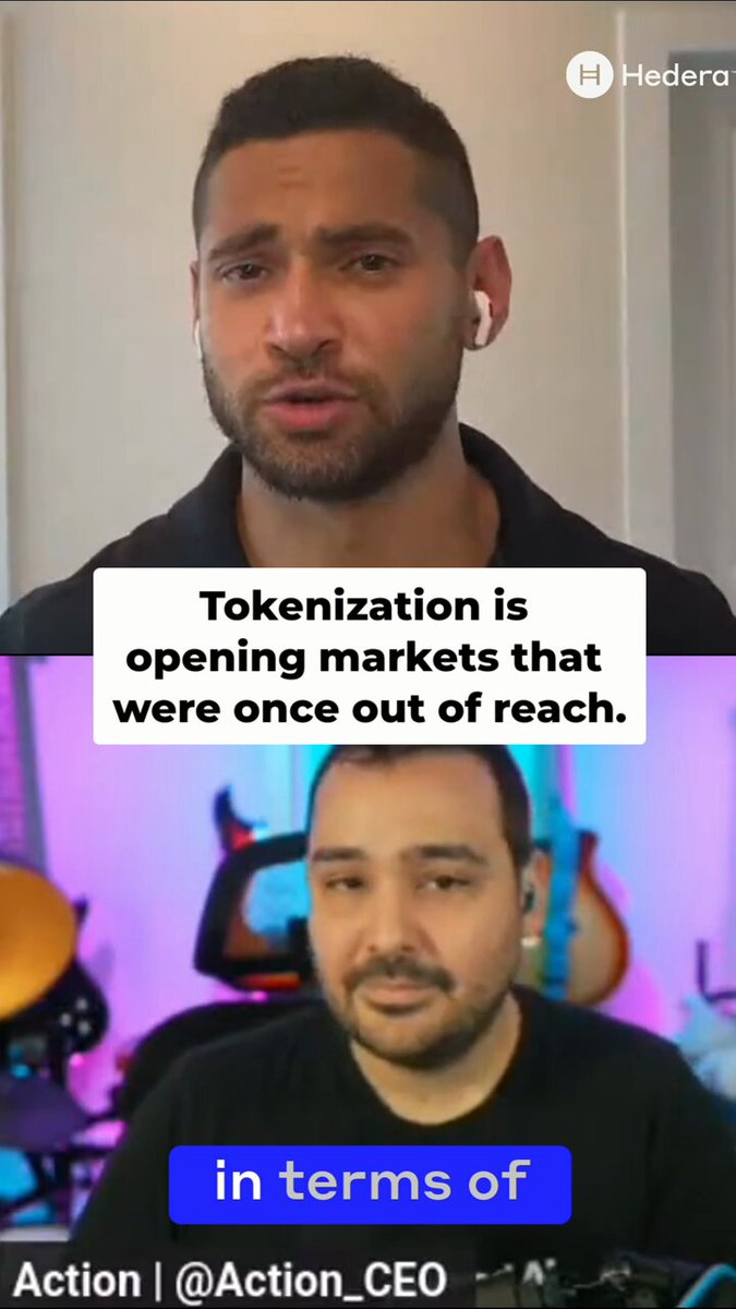 The image shows a man wearing a black shirt sitting at a desk, with another man standing behind him. The background of the image features a white wall. There are two posts displayed side by side, one being about tokenization and the other discussing real-world asset tokenization.