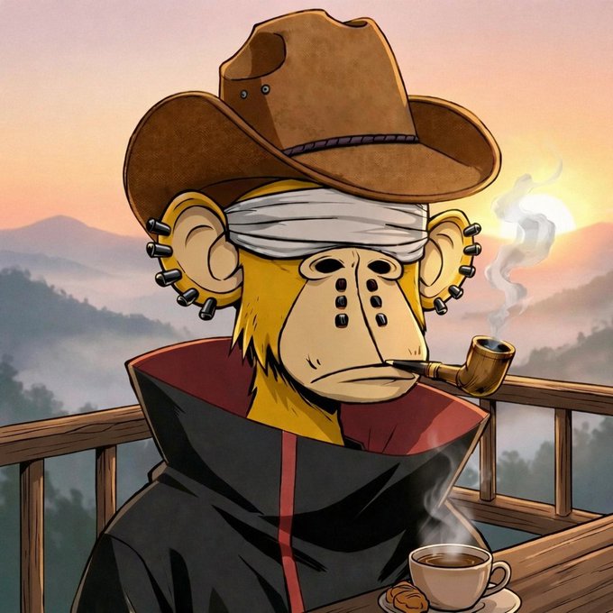 An illustrated chimpanzee wearing a cowboy hat and blindfold smokes a wooden pipe while enjoying a cup of coffee against a misty mountain sunset.