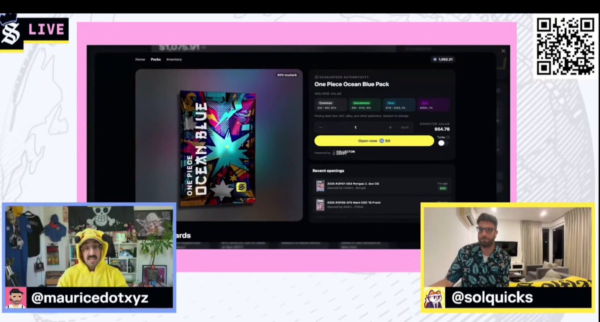 The image shows a man wearing a yellow hoodie with the name "Marurice" written on it, sitting next to another person who appears to be wearing a black shirt. They are both looking at a computer screen displaying an advertisement for Ocean Blue. The background of the image is white and has a pink border around it. There is also text visible in the image that reads "Live", "SOLFLARE Packs", and "One Piece".