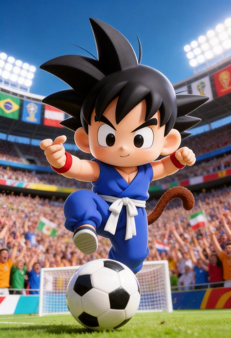 The image features a cartoon character, likely a soccer player or athlete, kicking a soccer ball across a field with a crowd of people watching from behind him. The character appears to be wearing a blue outfit and has a googly face expression on his face as he kicks the ball. In the background, there are flags representing different countries, indicating that this scene takes place in an international setting or event. The post also includes text that reads "@Goku_Solana".