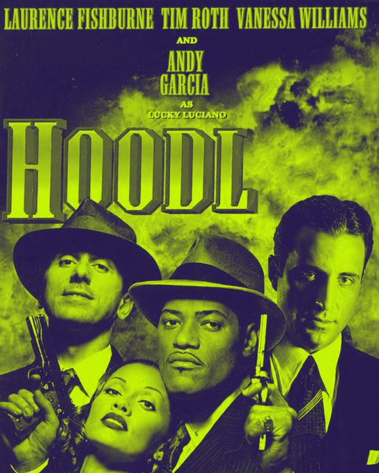 A movie poster for "Hoodlum" starring Laurence Fishburne, Tim Roth, Vanessa Williams, and Andy Garcia as Lucky Luciano, bathed in green and yellow tones with characters holding guns, fitting the post's reference to the $HOODL movie vibe.