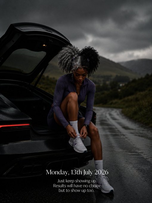 A woman ties her sneakers while sitting on the trunk of a sleek black car against a moody, overcast landscape, with overlaid text reading "Monday, 13th July 2026 — Just keep showing up. Results will have no choice but to show up too." The image's motivational message and Monday date reinforce the "gm ct happy new week" post, setting an inspirational tone to start the week.