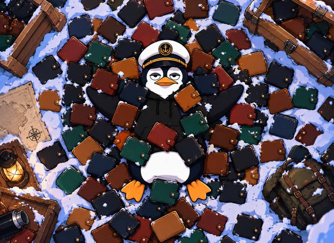 An animated illustration features a penguin dressed as a sailor with a captain's hat, lying spread-eagle in the snow surrounded by numerous colorful wallets and accessories like a map, lantern, binoculars, and backpack.