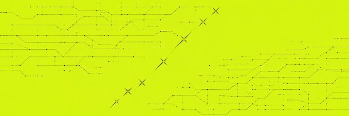 Abstract graphic featuring black circuit board traces, dots, and 'X' marks arranged on a bright yellow-green background, resembling a stylized electronic schematic or digital network map.