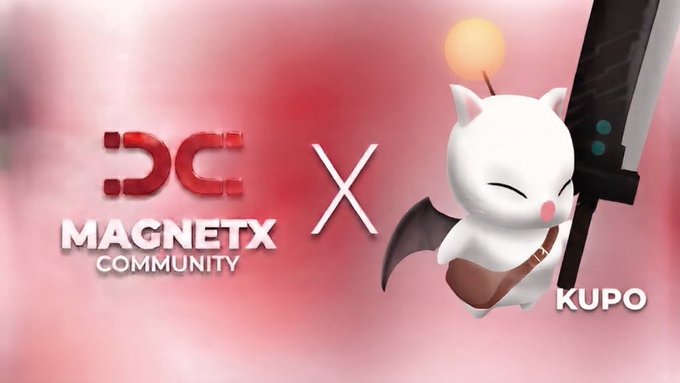 Promotional graphic announcing a collaboration between 'MAGNETX COMMUNITY' and 'KUPO', featuring a 3D 'X' logo next to a cute white cartoon bat-like creature holding a large gun.
