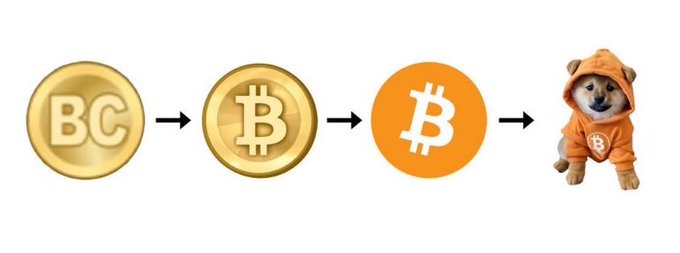 The image shows a progression from a "BC" coin to the Bitcoin "B" logo to the orange Bitcoin logo, culminating in the popular Dogecoin Shiba Inu mascot, symbolizing the poster's argument that Bitcoin is no longer the best entry point for newcomers due to unit bias and institutional dominance, leading them to favor meme coins like Dogecoin instead.