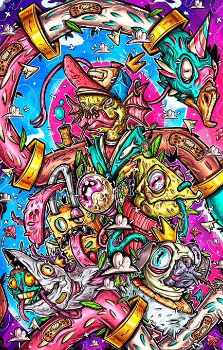 A vibrant, chaotic digital illustration featuring a surreal collage of cartoonish creatures, dripping eyeballs, slimes, and quirky monster characters bursting against a bright pink and blue background, with no visible text or numbers in the artwork itself. The image's psychedelic, dreamlike aesthetic of bizarre creatures and surreal imagery directly reflects the post's title "Dreams and Visions," visually capturing the wild, imaginative nature of fantastical dreamscapes.