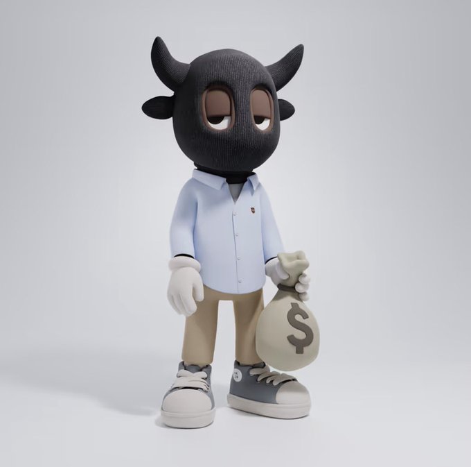 A 3D-rendered character with a black bull-like head, wearing a light blue shirt, tan pants, and sneakers, holds a money bag with a dollar sign.