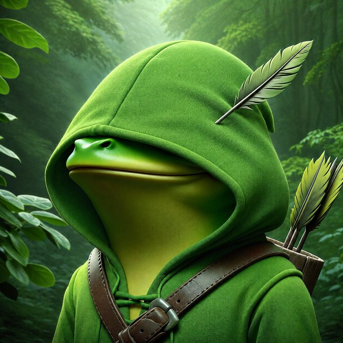 A 3D-rendered anthropomorphic frog wearing a green hooded cloak, with arrows in a quiver on its back, standing in a misty forest environment.