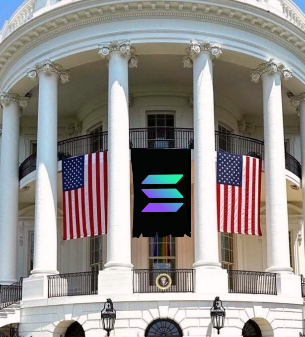 The image shows the White House's South Portico with two American flags and a large Solana (SOL) logo banner displayed between the columns, symbolizing the cryptocurrency's growing political and regulatory recognition. This visual aligns with the post's claim that the SEC is preparing to allow 24/7 blockchain-based stock trading, which is framed as bullish for Solana.