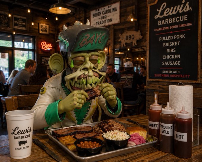 A green-skinned zombie-like character wearing a 'BAYC' cap eats ribs at a table filled with barbecue, sides, and sauces in a restaurant called 'Lewis Barbecue' in Charleston, South Carolina.