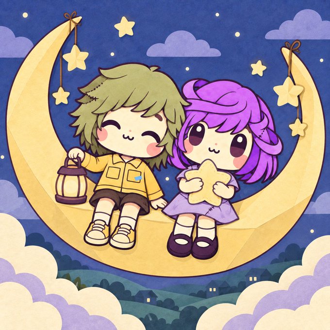 A chibi-style illustration of two cute characters—one with green hair holding a lantern and the other with purple hair holding a star—sitting together on a large crescent moon against a starry night sky.