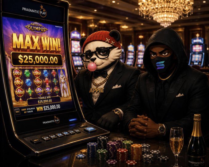 The image features two men sitting at a table with a slot machine that has "MAX WIN" written on it. The man on the left side of the image is wearing glasses and a red hat, while the man on the right side is wearing a black hoodie and a mask. They are both holding wine glasses filled with champagne. There are also several stacks of chips in front of them, indicating that they might be playing a game at the slot machine or participating in some sort of casino event. The post includes a link to a giveaway for 10 winners, which could be related to their current situation if they have won something from the slot machine.