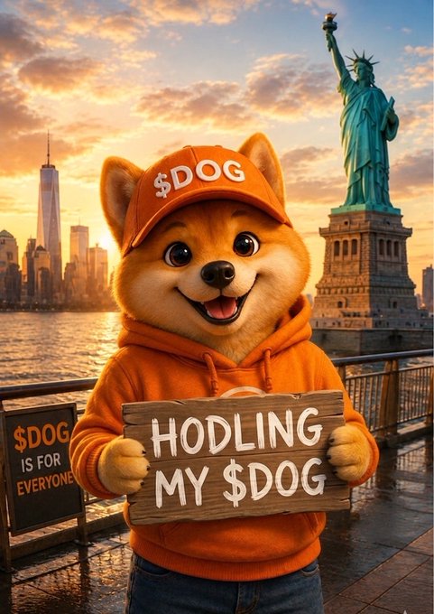The image features a cartoon dog wearing an orange hoodie, holding up a sign that reads "Hodling $DOG". This humorous scene seems to be related to a political or social issue, possibly about the cost of dog ownership. The background includes a statue of the Statue of Liberty and a city skyline with buildings in the distance.