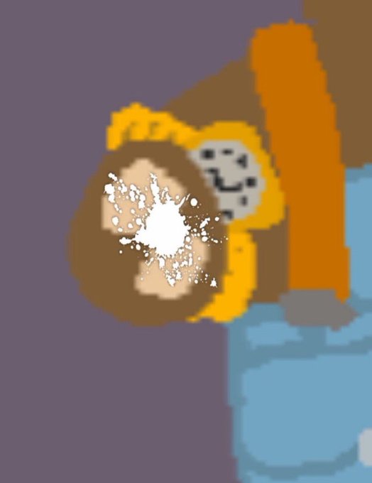 A highly pixelated, low-resolution image of an animated character in an orange hood with brown fur trim, depicted with a white splash graphic over its face.