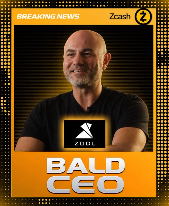 A graphic with "BREAKING NEWS," "Zcash" and a "Z" logo, features a photo of a smiling bald man with the ZODL logo overlaid, under the headline "BALD CEO," poking fun at the breaking news that Zcash Open Development Lab CEO Josh Swihart is bald.