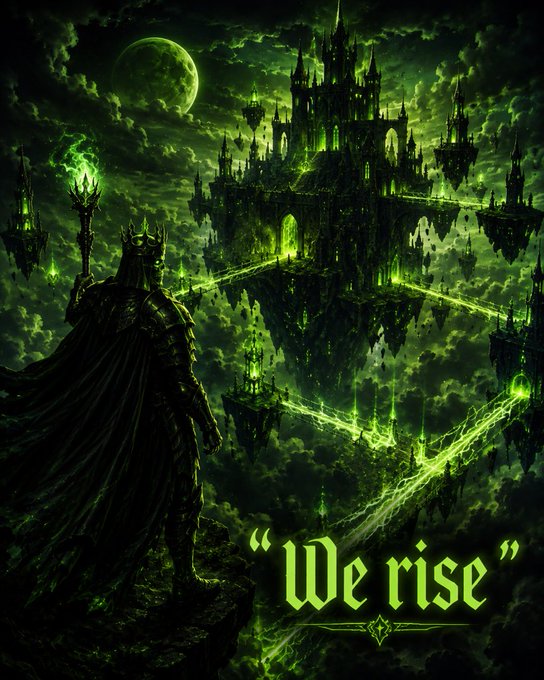 A dark fantasy illustration showing a knight holding a glowing green staff before a floating gothic castle with green energy beams, under a full moon, with the text 'We rise' displayed.