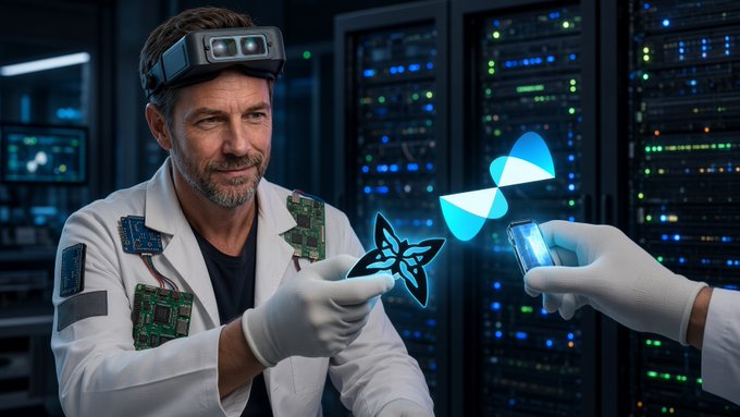A man in a lab coat with electronic components and a smart device on his head points at a glowing butterfly logo while another gloved hand holds a smartphone in a server room.