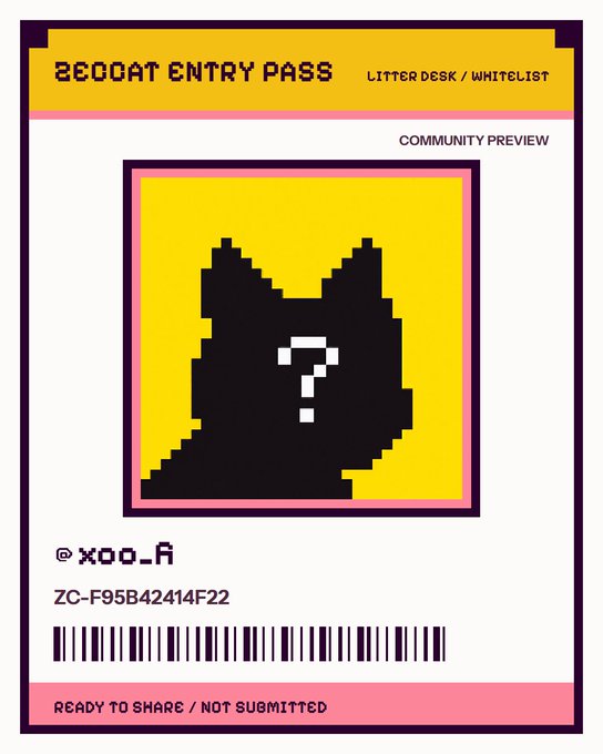 A 'BECOCAT ENTRY PASS' NFT-style digital badge featuring a pixelated black cat silhouette with a question mark on a yellow background, tagged as 'COMMUNITY PREVIEW' and 'READY TO SHARE / NOT SUBMITTED'.