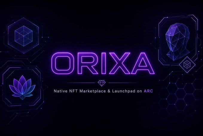The image displays a promotional banner for "ORIXA," styled in glowing purple neon lettering with the tagline "Native NFT Marketplace & Launchpad on ARC." Geometric designs including a wireframe head, cube, and lotus icon frame the logo against a dark, tech-inspired background, visually reinforcing its identity as an NFT platform for the ARC ecosystem.