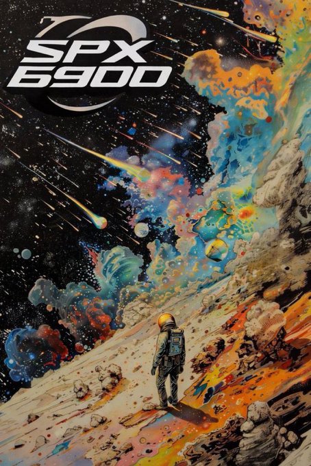 A retro-style space illustration showing an astronaut on a colorful alien landscape with meteors, titled 'SPX 6900'.