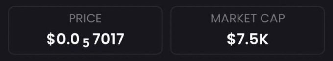 A price display showing '$0.0₅7017' (with subscript notation) and a market cap of '$7.5K' on a dark background.