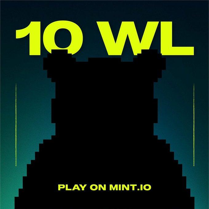 A graphic design features a black pixelated silhouette against a teal and green gradient background, with bold yellow text reading '10 WL' at the top and 'PLAY ON MINT.IO' at the bottom.