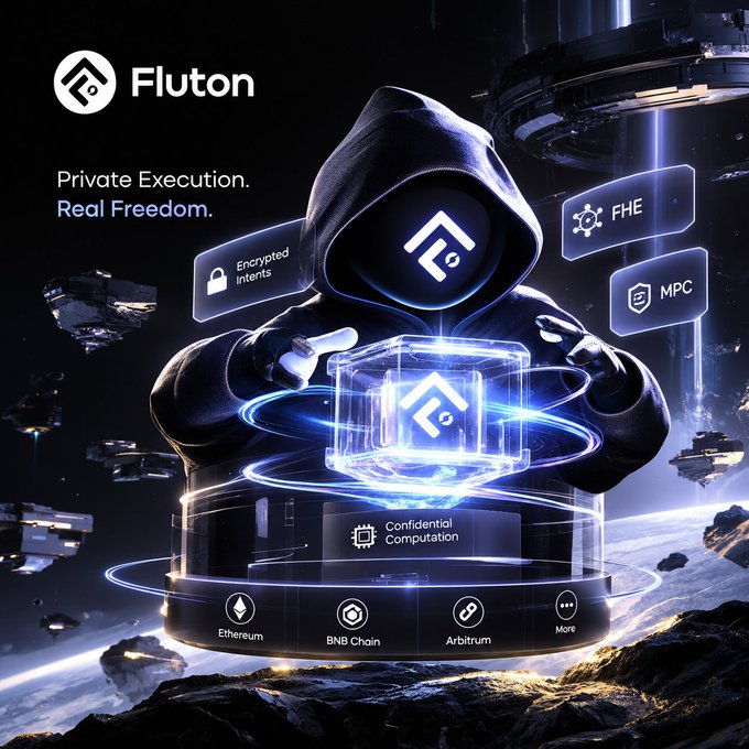 A promotional graphic for Fluton featuring a hooded figure holding a glowing cube with the Fluton logo, set against a space backdrop. The text reads 'Private Execution. Real Freedom.' and highlights features including Encrypted Intents, FHE, MPC, and Confidential Computation, supporting Ethereum, BNB Chain, Arbitrum, and More.