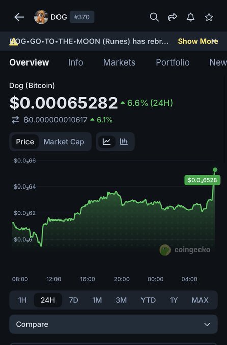 The image shows a black screen displaying a graph with a green line that indicates the value of a cryptocurrency. Below the line, there are various options for users to explore, including "Dog (dog)", "G-COIN", and "0.0006382x2". Above the screen, there is text describing what is happening on the screen and providing context about the cryptocurrency being displayed.