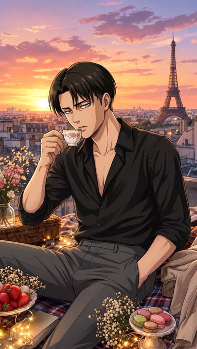 An anime-style illustration of a dark-haired man in a black shirt drinking from a teacup while sitting on a rooftop with the Eiffel Tower and a sunset in the background, surrounded by strawberries and macarons.
