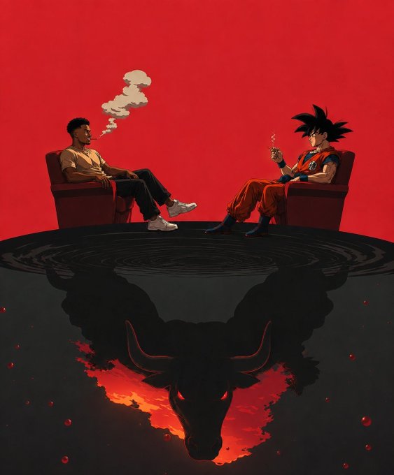 An illustrated artwork featuring a man smoking and Goku from Dragon Ball Z sitting across from each other in armchairs, with a dark bull/cattle silhouette emerging from fiery lava beneath them against a red background.