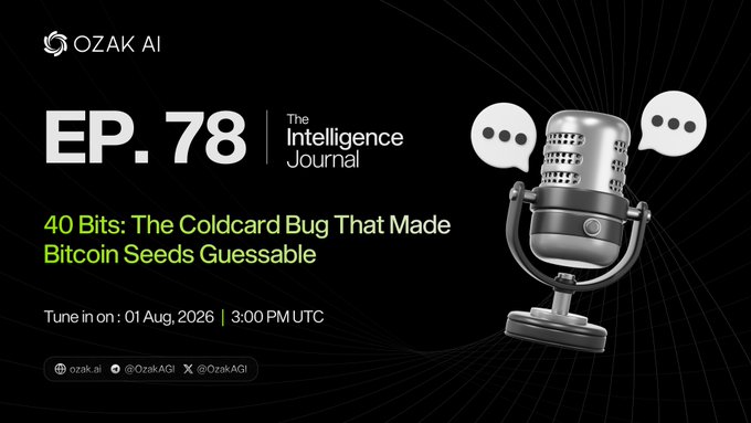 The image is a promotional graphic for "The Intelligence Journal" Episode 78 by Ozak AI, featuring the episode title "40 Bits: The Coldcard Bug That Made Bitcoin Seeds Guessable," scheduled for 01 Aug, 2026 at 3:00 PM UTC, alongside a 3D microphone illustration with speech bubbles. The graphic visually introduces the podcast episode that explores a Coldcard Mk3 firmware vulnerability where hardware randomness was excluded from seed creation, aligning with the post's discussion of a bug that weakened Bitcoin seed entropy.
